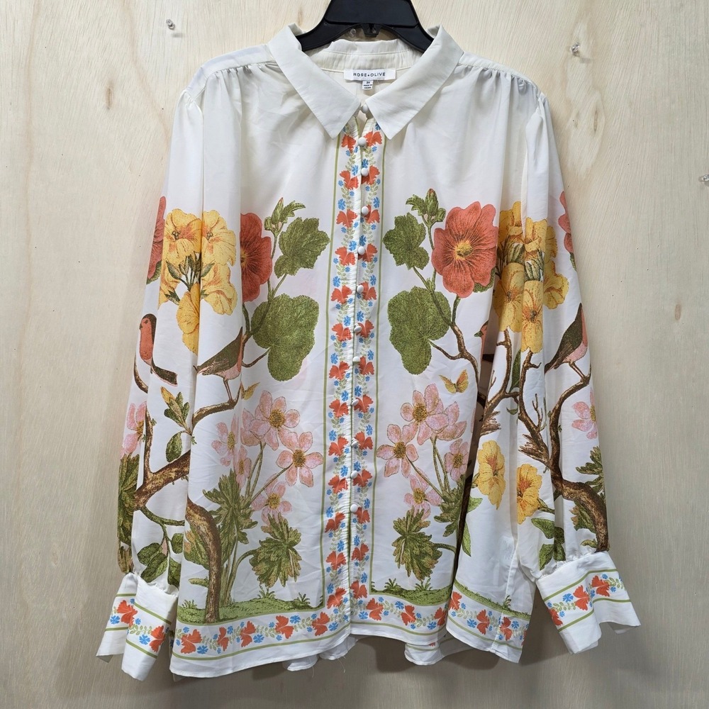 Rose + Olive Floral Bird Print Button Down Blouse White Plus 3X Long Sleeve - Picture 2 of 16